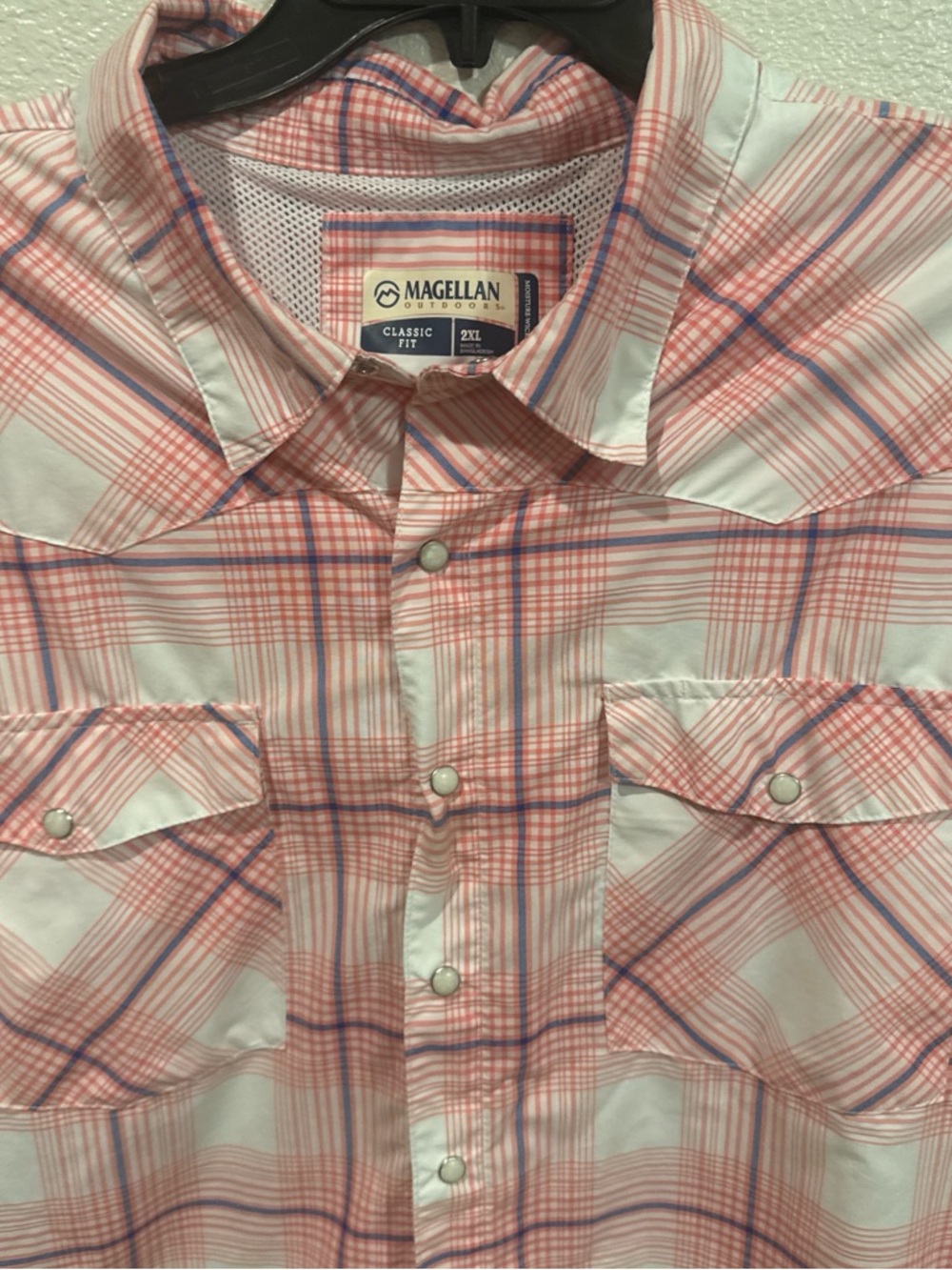 Magellan Outdoors Coral and Blue Plaid Short-Sleeve Button-Down Shirt